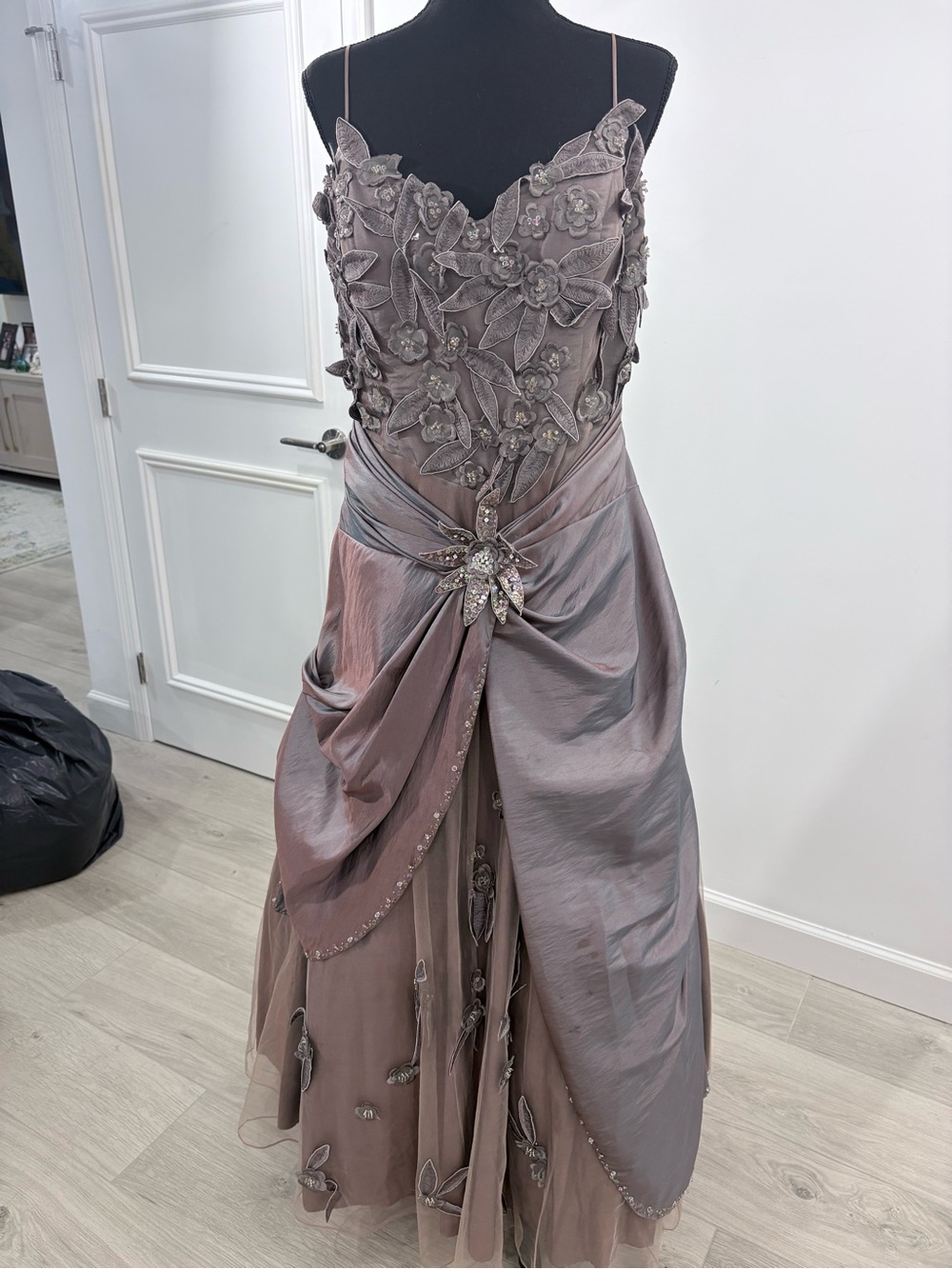 Terani Couture Mauve Floral Appliqué Evening Gown